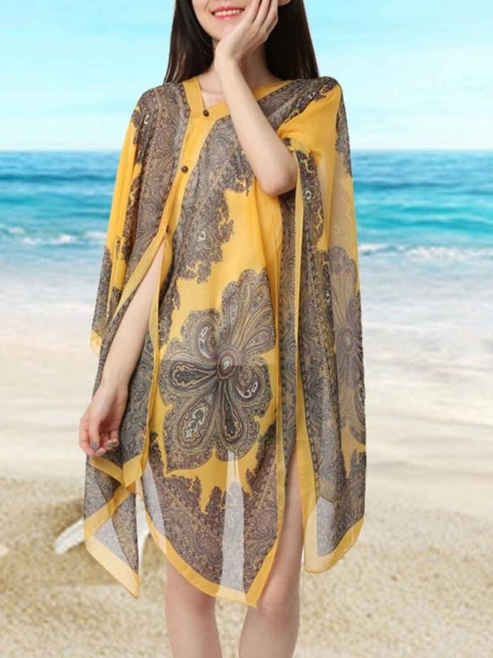 Yellow Paisley Kimono Cover-Up